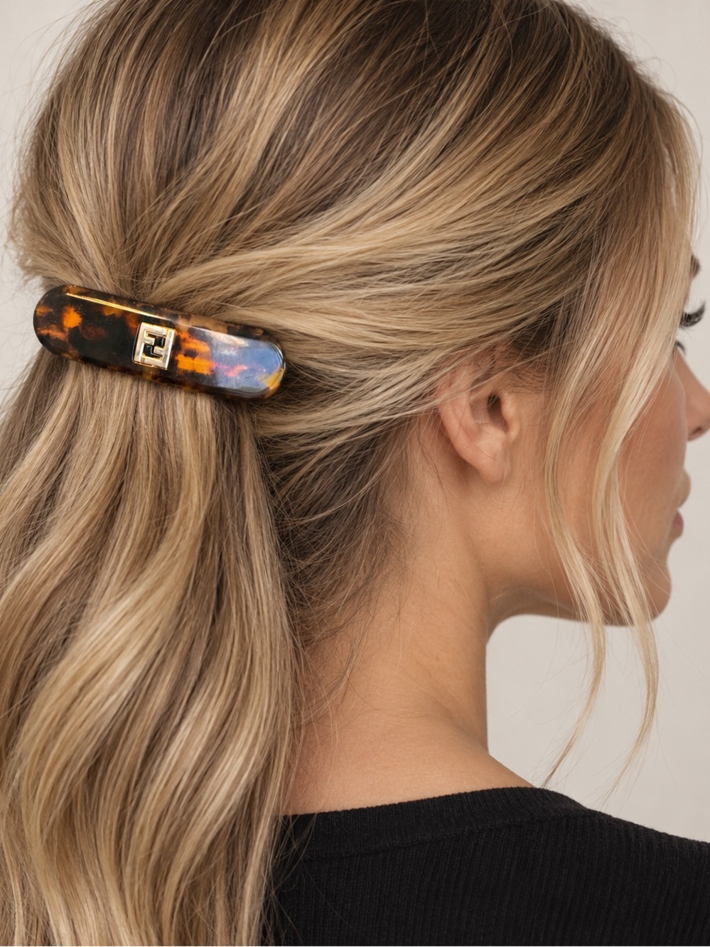 Vintage Fendi Tortoiseshell Resin Barrette Hair Clip Brown & Gold